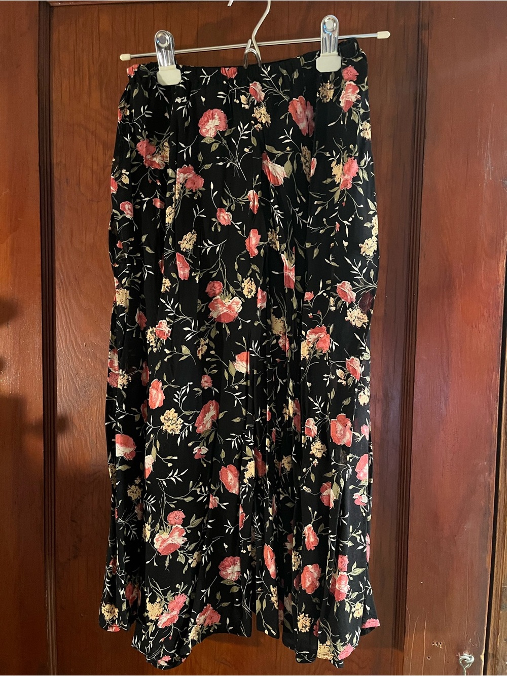 Reformation floral black Midi Skirt with Pink & Cream Blooms